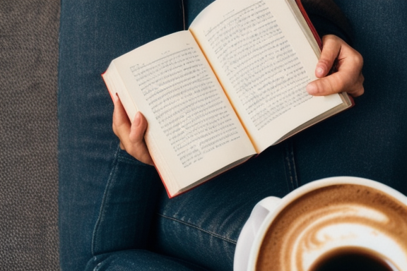 Person holding a cup of coffee while reading a book