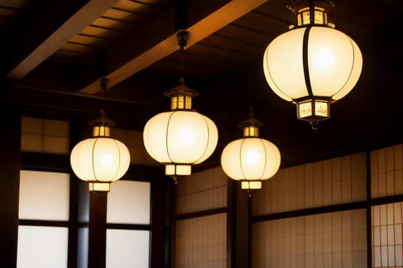 Traditional Japanese lanterns illuminating the cafe