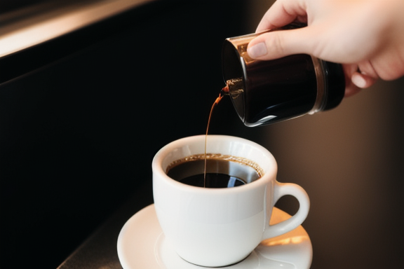 Pessoa segurando uma xícara de café recém-preparado com um filtro ao fundo