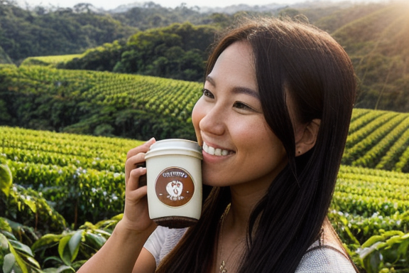 Person holding a jar of coffee beans in front of coffee plantations