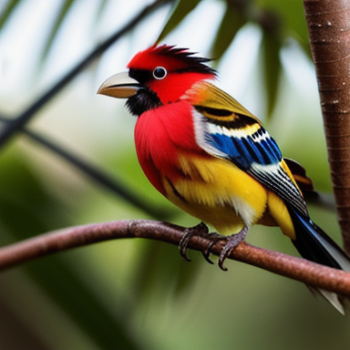 Jacu bird perched on a coffee branch with coffee cherries in its beak