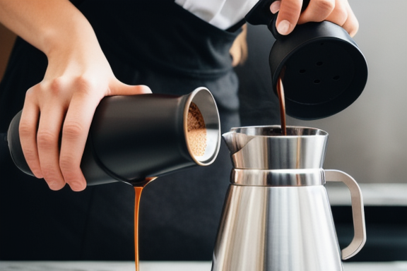 Person pouring coffee from a moka pot into a cup